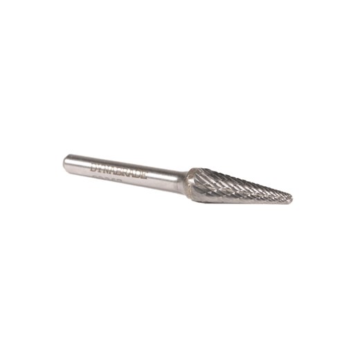 Carbide Burr, 9 mm Dia., SL-3 D/C Burr, Taper-Radiused End, 27 mm Flute L, 6 mm Shank